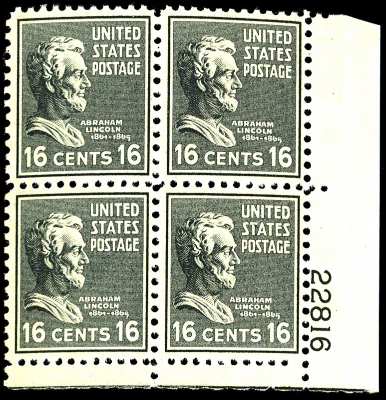 U.S. #821 MINT PL# BLOCK OF 4 OG NH