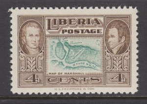 Liberia Sc 335 MNH. 1952 4c Marshall, Ashmun and Map, inverted center, VF