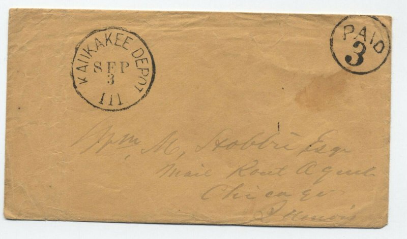 1850s Kankakee Depot IL sans serif CDS stampless paid 3 rate [5806.23]