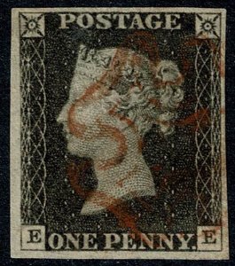 GB 1d Black EE Plate 3. Fine used four margins light red Maltese cross