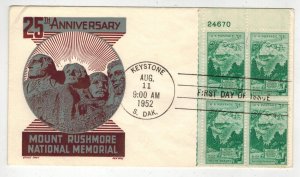 1952 PLATE # BLOCK FDC MOUNT RUSHMORE SOUTH DAKOTA 1011 Ken Boll