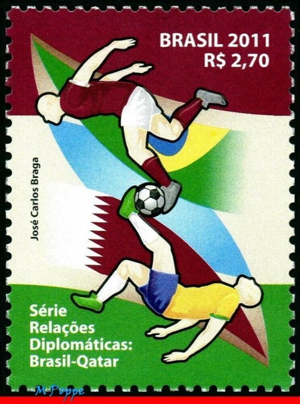 3207 BRAZIL 2011 RELATIONSHIP QATAR, SOCCER FOOTBALL, SV 2022 $3.00, MNH