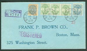 DWI 1915, multi mixed franking tied St. Thomas to Mass.