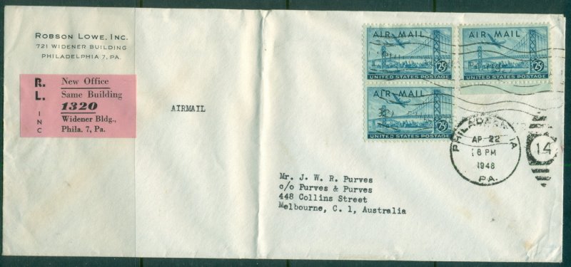 USA 1948 Stamp Dealer Robson Lowe to Melbourne Airmail cover XL