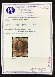 MOMEN: US STAMPS #144 GRILLED USED PF CERT LOT #80845