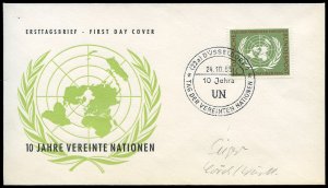 Germany #736 (Mi. 221) Cat€36, 1955 United Nations, cacheted First Day cover