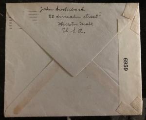 1942 Worcester Ma USA Censored Airmail Cover To Råsunda Sweden