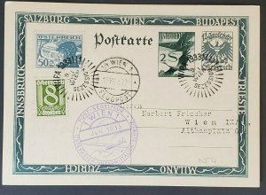 1933 Vienna Austria WIPA Cancel Four Countries Flight Air Mail Postcard Cover