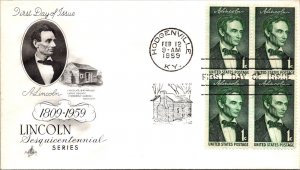 FDC 1959 SC #1113 Artcraft Cachet - Hodgenville, Ky - Block Of 4 - J4357