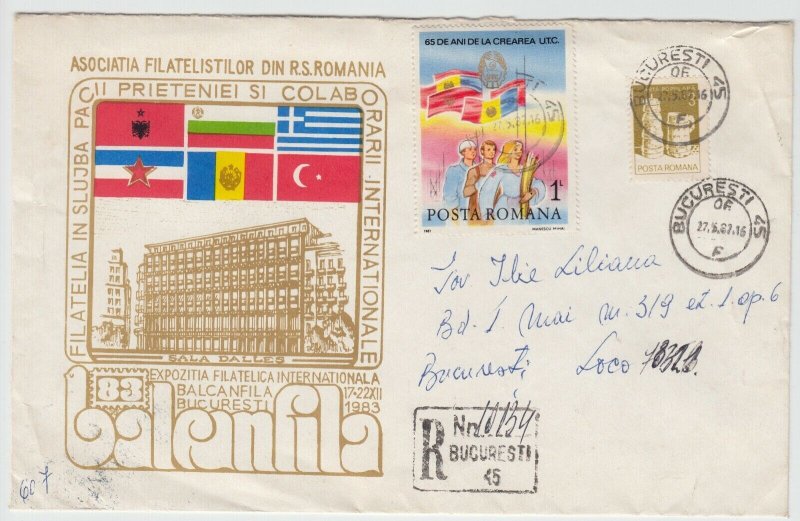 1983 ROMANIA COVER BALKANFILA STAMPS EXPO USED RECORDED POST 