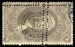 B483 U.S. Revenue Scott R84c $2.50 Inland Exchange, handstamp cancel freak perfs