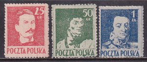 Poland 1944 Sc 341-3 Romuald Traugutt Tadeusz Kosciuszko Jan Dabrowski Stamp MH