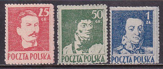 Poland 1944 Sc 341-3 Romuald Traugutt Tadeusz Kosciuszko Jan Dabrowski Stamp MH