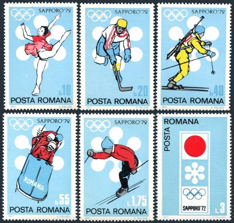 Romania 2294-2299,2300,MNH. Olympics Sapporo-1972.Figure skating,Hockey,Biathlon