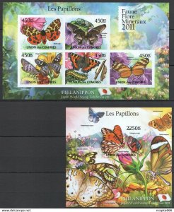 Imperforate 2011 Comoros Fauna Les Papillons Butterflies Kb+Bl ** Uc227