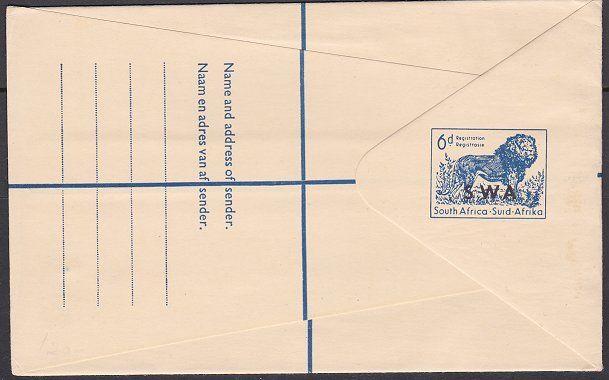 SOUTH WEST AFRICA South Africa 6d Lion registered envelope optd SWA..........730