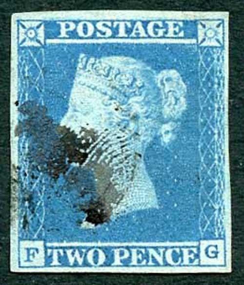 1841 2d Blue (FG) Plate 3 Four Margin Finger Print Cancel