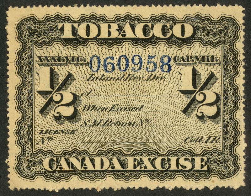 CANADA TOBACCO EXCISE Series of 1869 1/2lb TAX PAID REVENUE Unused RYAN RM23