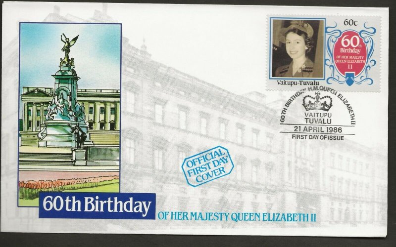 VAITUPU-TUVALU 1986 60TH BIRTHDAY QUEEN ELIZABETH,SET+SOUV/SHEET ON 5 FDC'S