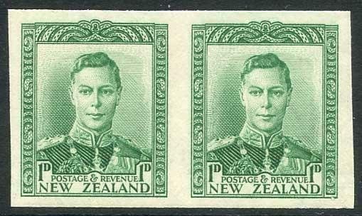 New Zealand KGVI 1d Green Imperf Pair of Proofs on wmk paper U/M