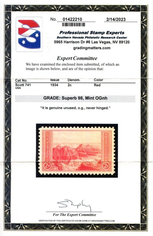 US SCOTT #741 MINT-SUPERB-OG-NH GRADED 98 W/ PSE CERT SMQ $135 (11/8/23 GP)