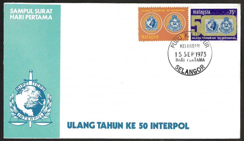 Malaysia SC#106-107 50th anniversary of INTERPOL (1973) FDC