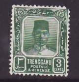 Malaya Trengganu-SC#22- id9-unused og  hinged-3c dp green-1925-ur corner perf pu
