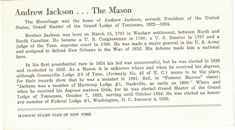#1037, 4-1/2c Andrew Jackson, Masonic Stamp Club of NY cachet