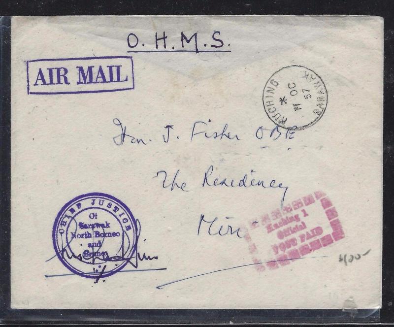   SARAWAK POSTAL HISTORY (PP1509B) 1957 OHMS BOX KUCHING POSTAGE PAID  TO MIRI