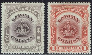 LABUAN 1902 CROWN 50C AND $1 PERF 13½ - 14