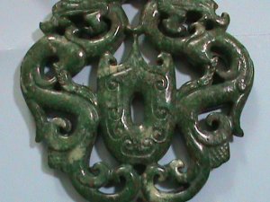 ​CHINA GREEM JADE: HAND CRAFT ON BOTH SIDE PENDANT DOUBLE DRAGON PLAYING PEAL