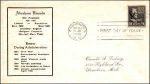 Scott 821 16 Cents Lincoln Detroit Ludwig FDC Typed Address Planty 821-90