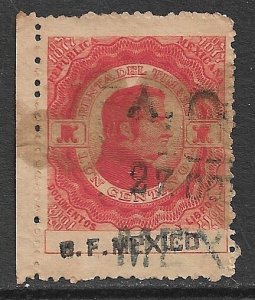 MEXICO REVENUES 1877 1c Red DOCUMENTARY TAX DF MEXICO Control Used DO30