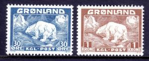 GREENLAND — SCOTT 7,9 — 1938 30o, 1kr POLAR BEARS — MNH— SCV $28.00