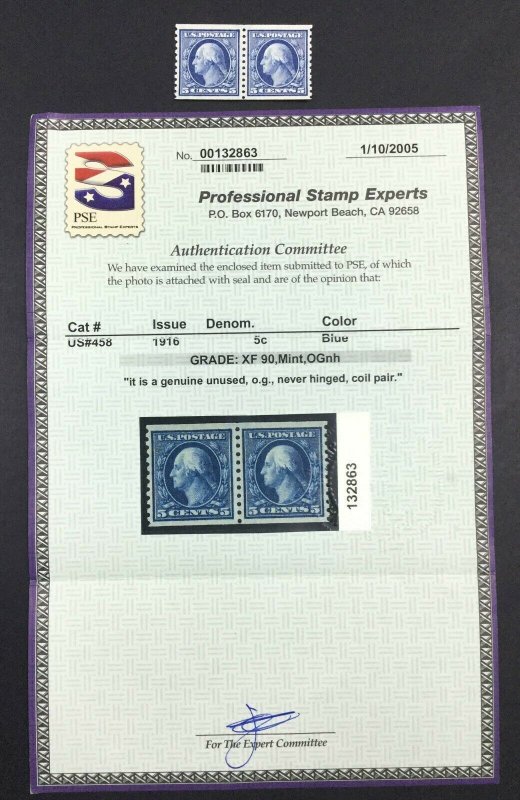 MOMEN: US STAMPS #458 COIL PAIR MINT OG NH PSE GRADED CERT XF-90 LOT #72074