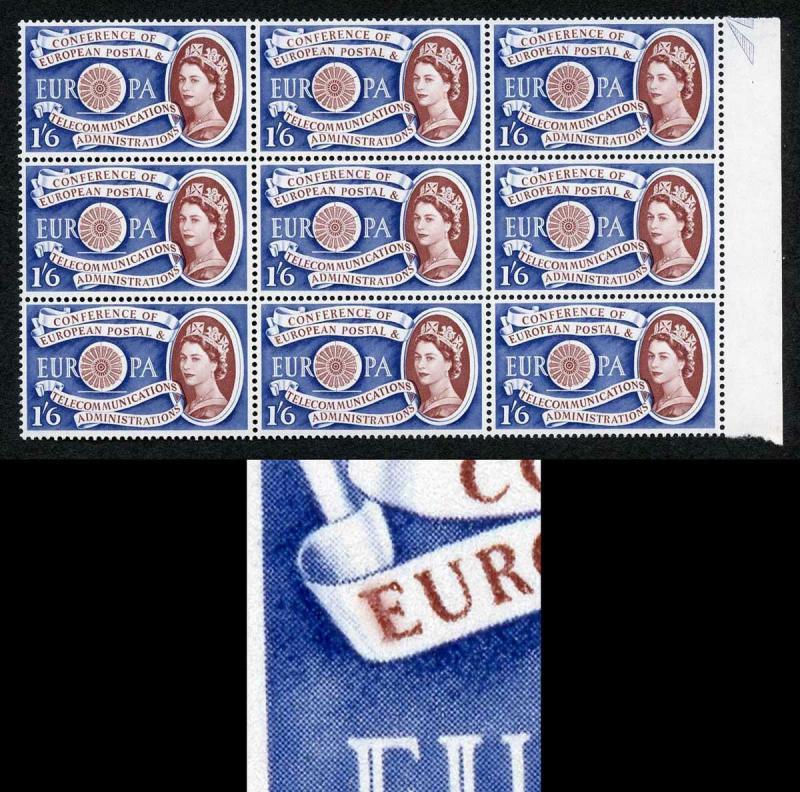 1/6 Europa SG622c Variety Blurred E R13/5 U/M Block 9