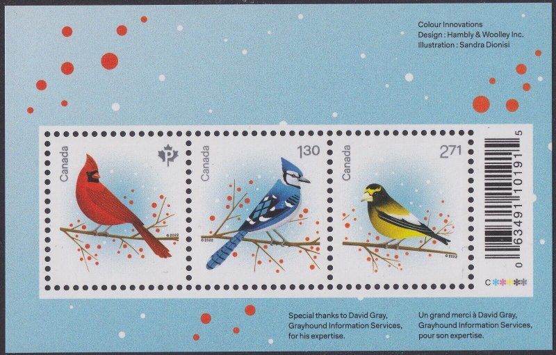 Canada 3363 Christmas Holiday Birds souvenir sheet MNH 2022