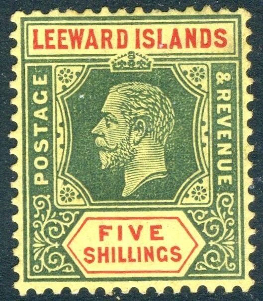 LEEWARD ISLANDS-1913 5/- Green & Red/Yellow (White back) lightly mounted Sg 57a