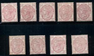 GREAT BRITAIN #61, 3p rose, all 9 plates (#11-20), mint hinged, Scott $4,450.00