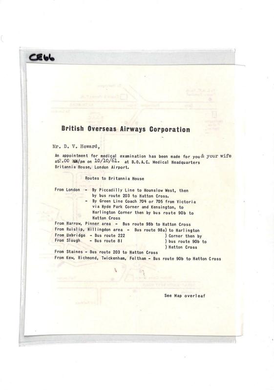 CE66 BOAC 1961 GB Medical Appointment Letter