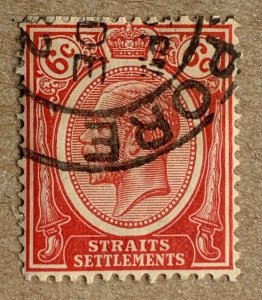 Straits Settlements 1927 KGV 6c scarlet, used. Scott 189, CV $0.25. SG 229