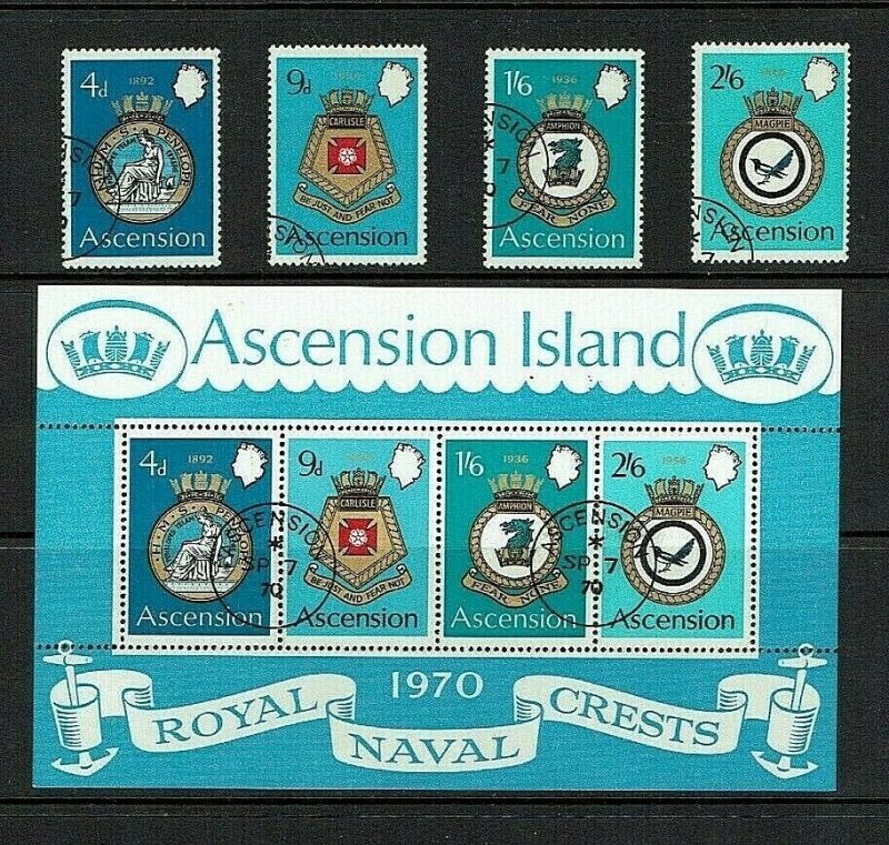 Ascension Island: 1970 Naval Crests (2nd series) Fine used set and M/s