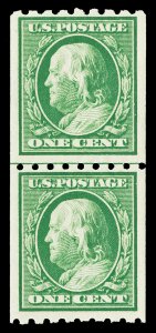 Scott 390 1910 1c Franklin Coil Issue Mint Line Pair F-VF OG NH Cat $72.50