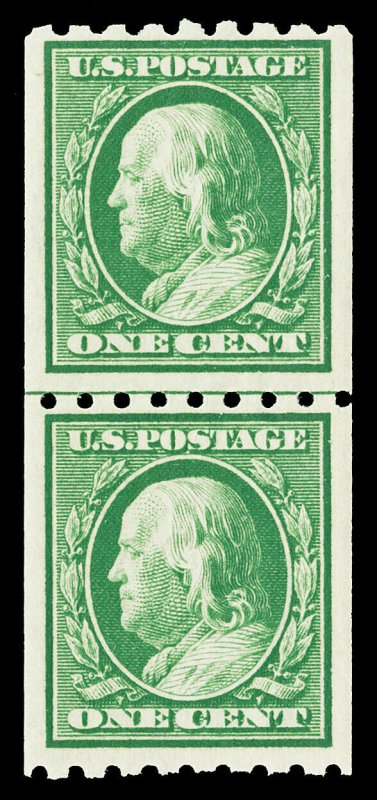 Scott 390 1910 1c Franklin Coil Issue Mint Line Pair F-VF OG NH Cat $72.50