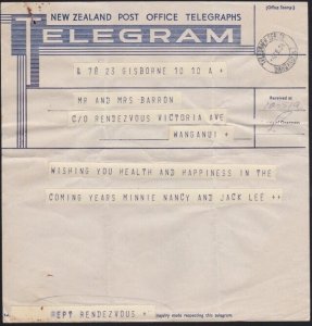 NEW ZEALAND 1939 PO Telegram form used TELEGRAPH OFFICE WANGANUI cds.......A6744