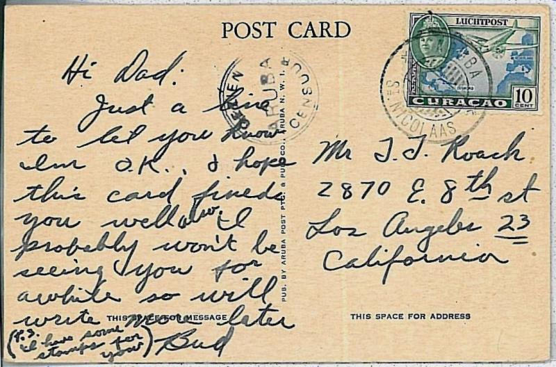 Curaçao CURACAO -  POSTAL HISTORY - Postcard to USA with ARUBA CENSURE MARK