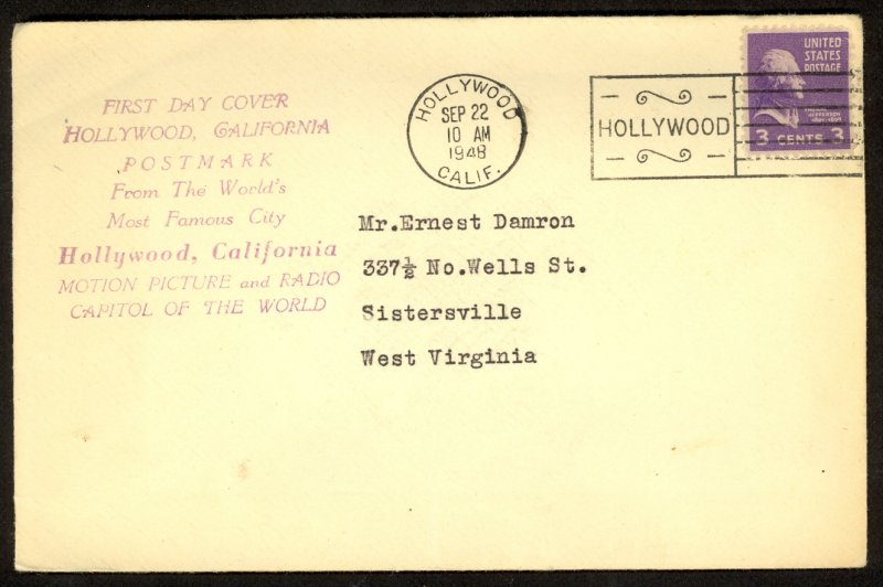USA 1948 3c Prexie on HOLLYWOOD CALIFORNIA First Day of Post Office Cachet Cover