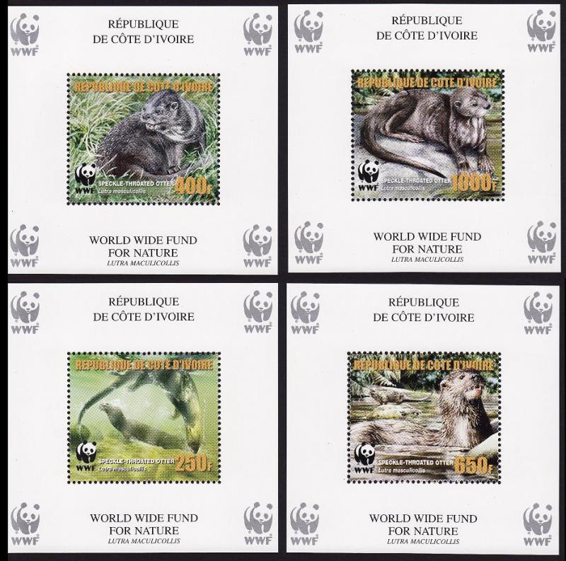 Ivory Coast WWF Speckle-throated Otter 4 Souvenir Sheets perforated with error