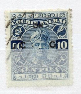 India Cochin 1919-33 Early Issue used Shade of 10p. Optd NW-15825