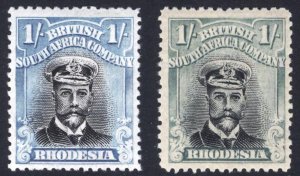 Rhodesia 1919 1s Bl+Green & Blk DIE III P14 Scott 130&a SG 272a&b MLH Cat $110